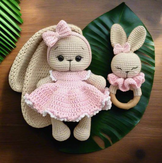 Crochet Cute Bunny Toy in Fancy Pink Dress and Rattle Toy Set 2pc