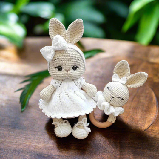 Crochet Cute Bunny Toy in Fancy White Dress and Rattle Toy Set 2pc