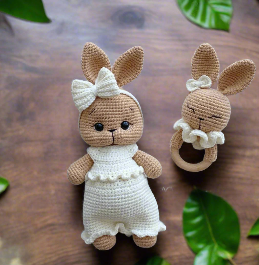 Crochet Cute Bunny Toy in White Jumpsuit and Rattle Toy Set 2pc