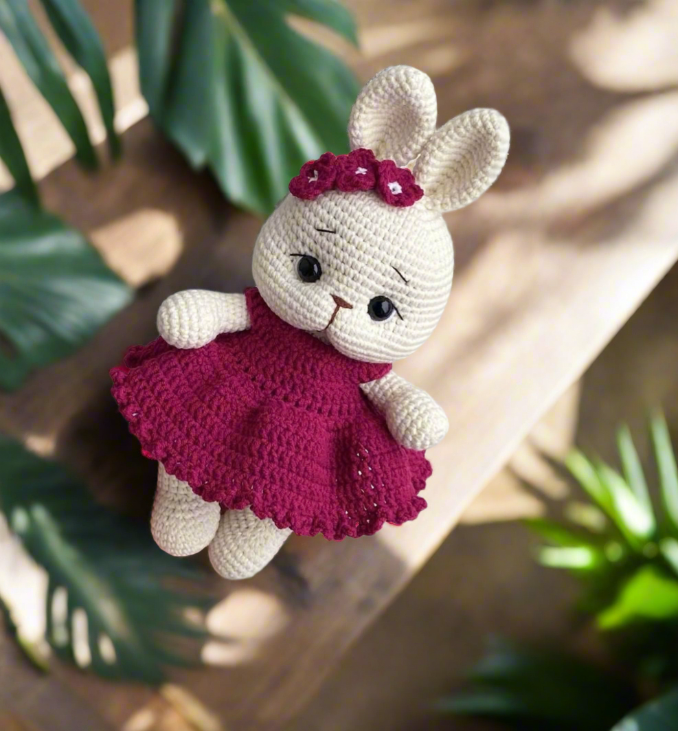 Crochet Cute Bunny with Burgundy Dress