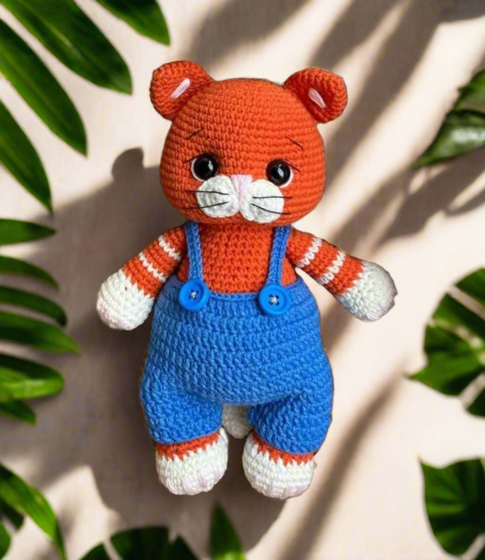 Crochet Cute Cat in Blue Jumpsuit Toy