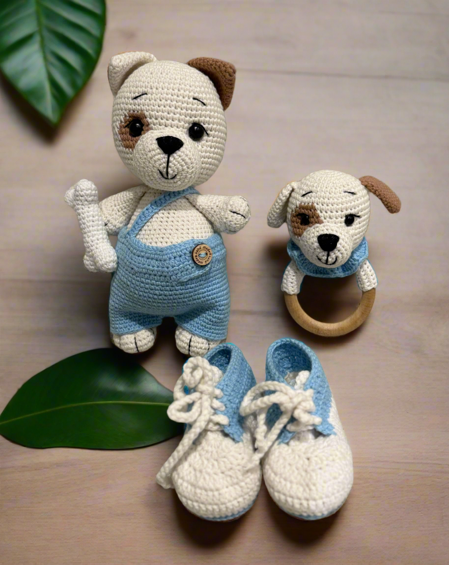 Crochet Cute Dog Toy in Blue Jumpsuit Gift Set 3pc