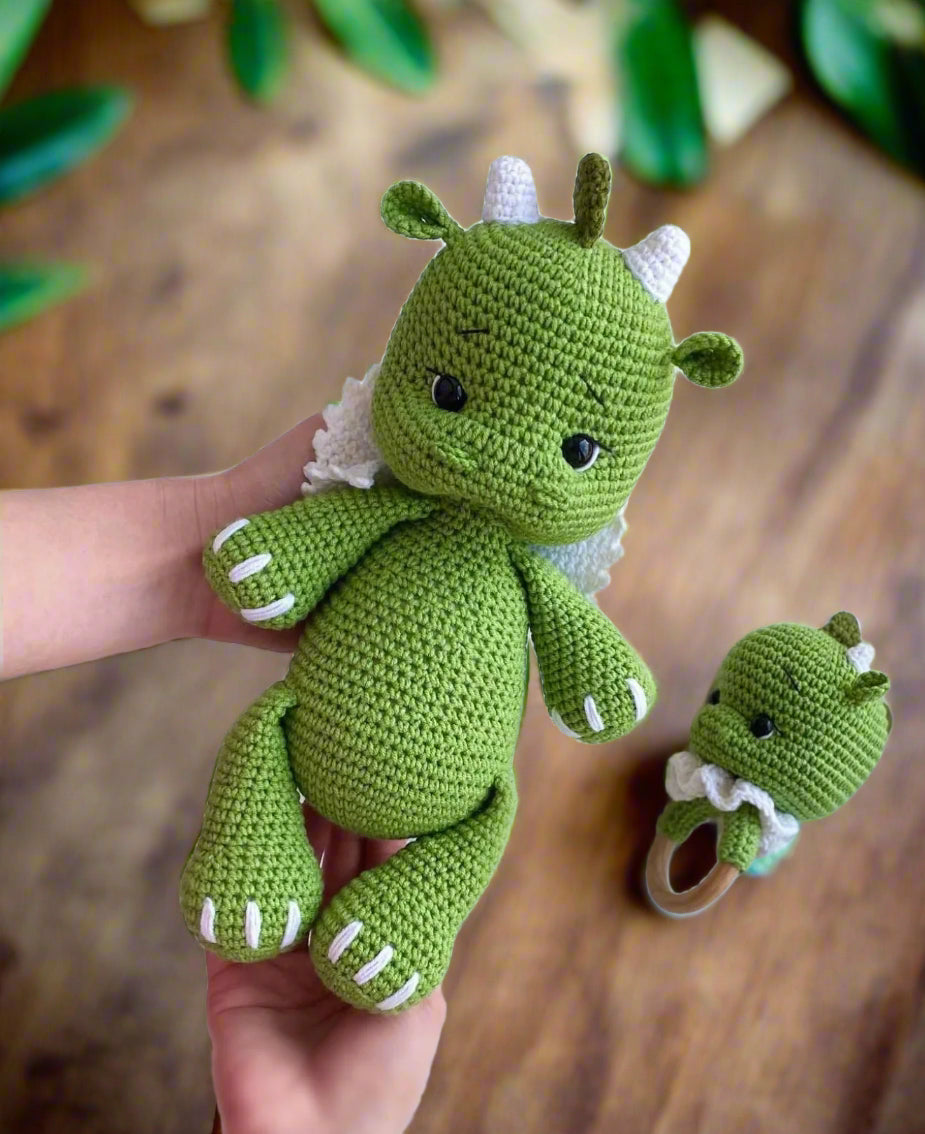 Crochet Cute Green Dino Toy and Rattle Toy Set 2pc