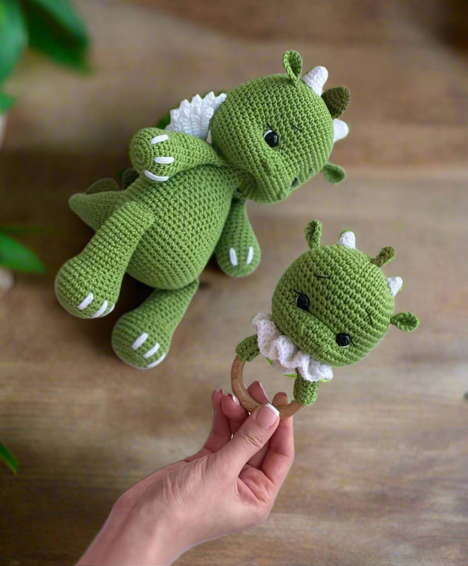 Crochet Cute Green Dino Toy and Rattle Toy Set 2pc