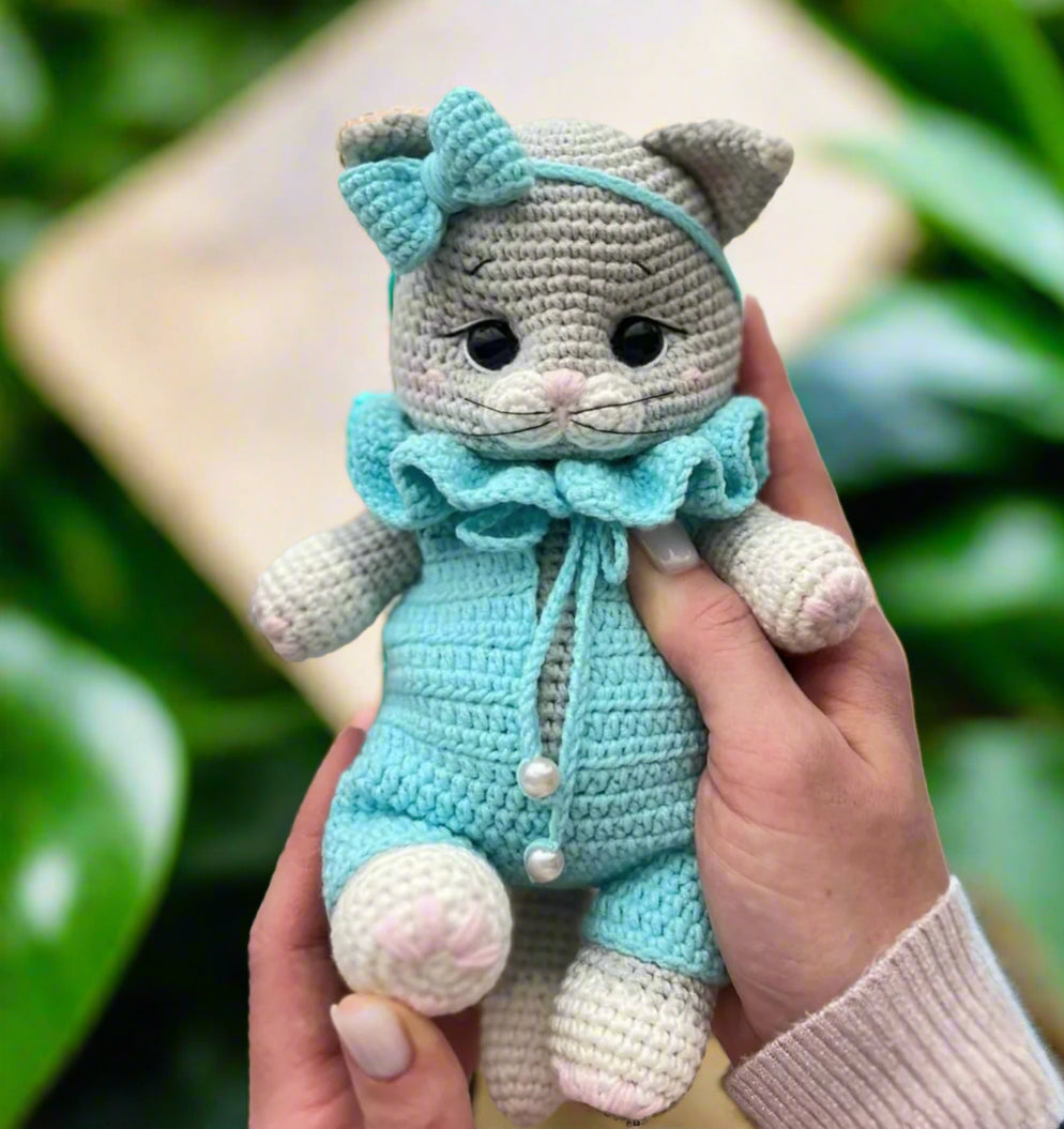 Crochet Cute Kitten Toy with Blue Jumpsuit