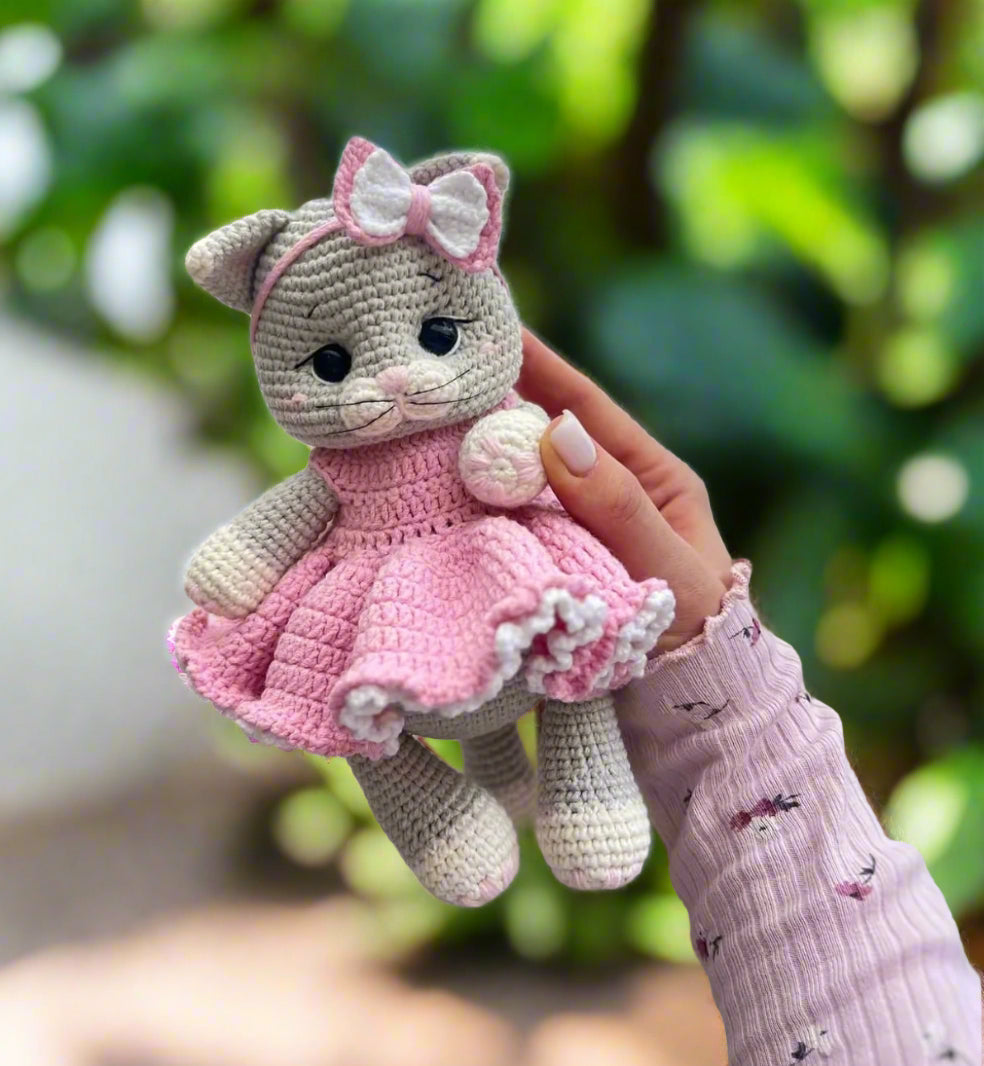 Crochet Cute Kitten Toy with Pink Fancy Dress