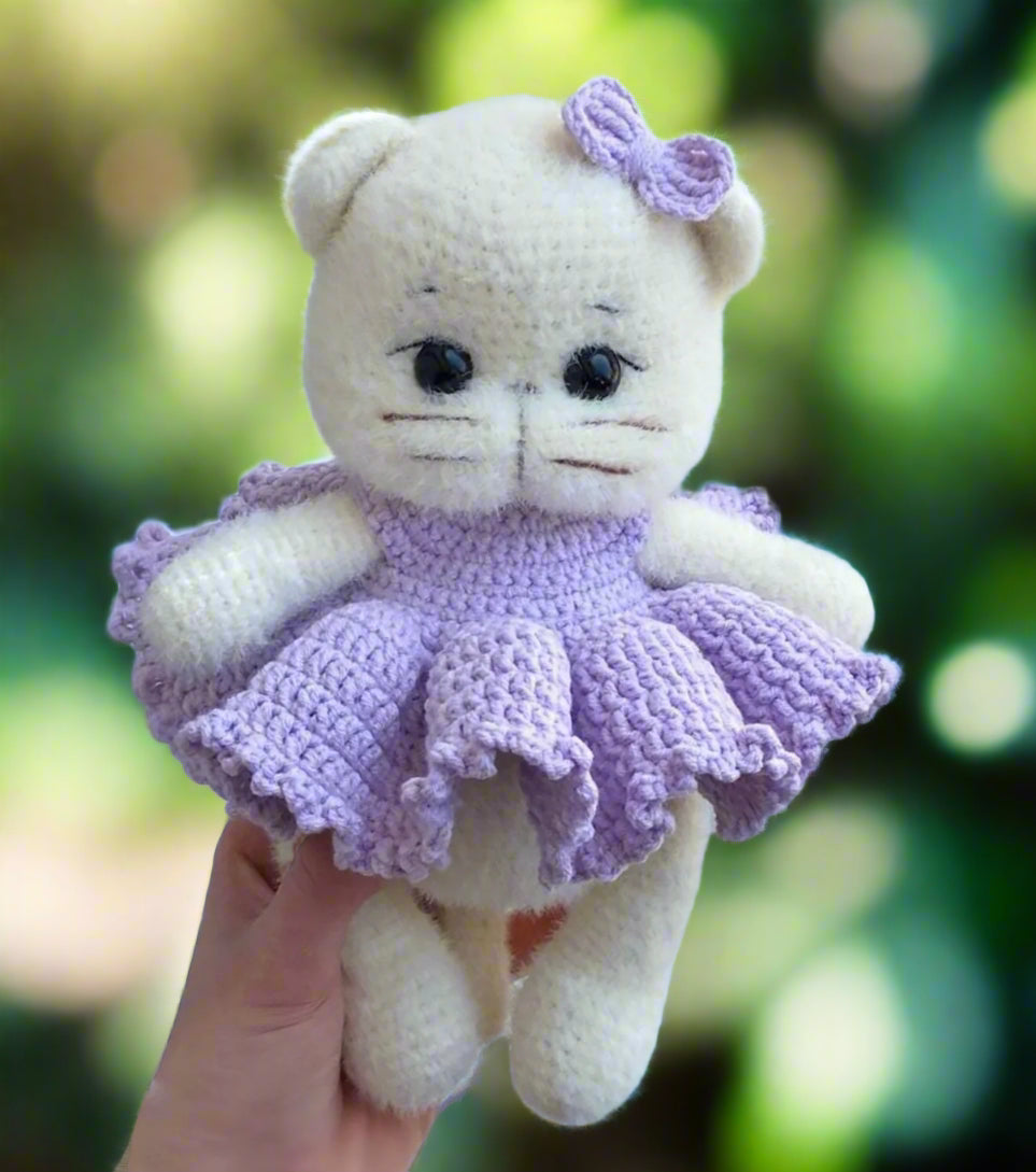 Crochet Cute Kitten Toy with Purple Fancy Dress