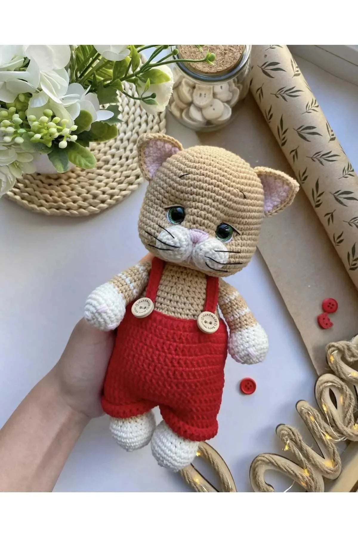 Crochet Cute Kitten Toy with Red Jumpsuit