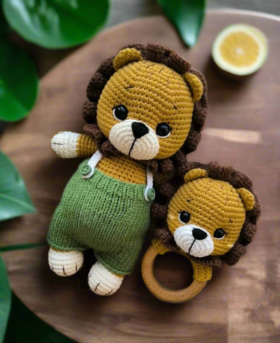 Crochet Cute Lion Toy in Green Jumpsuit and Rattle Toy Set 2pc