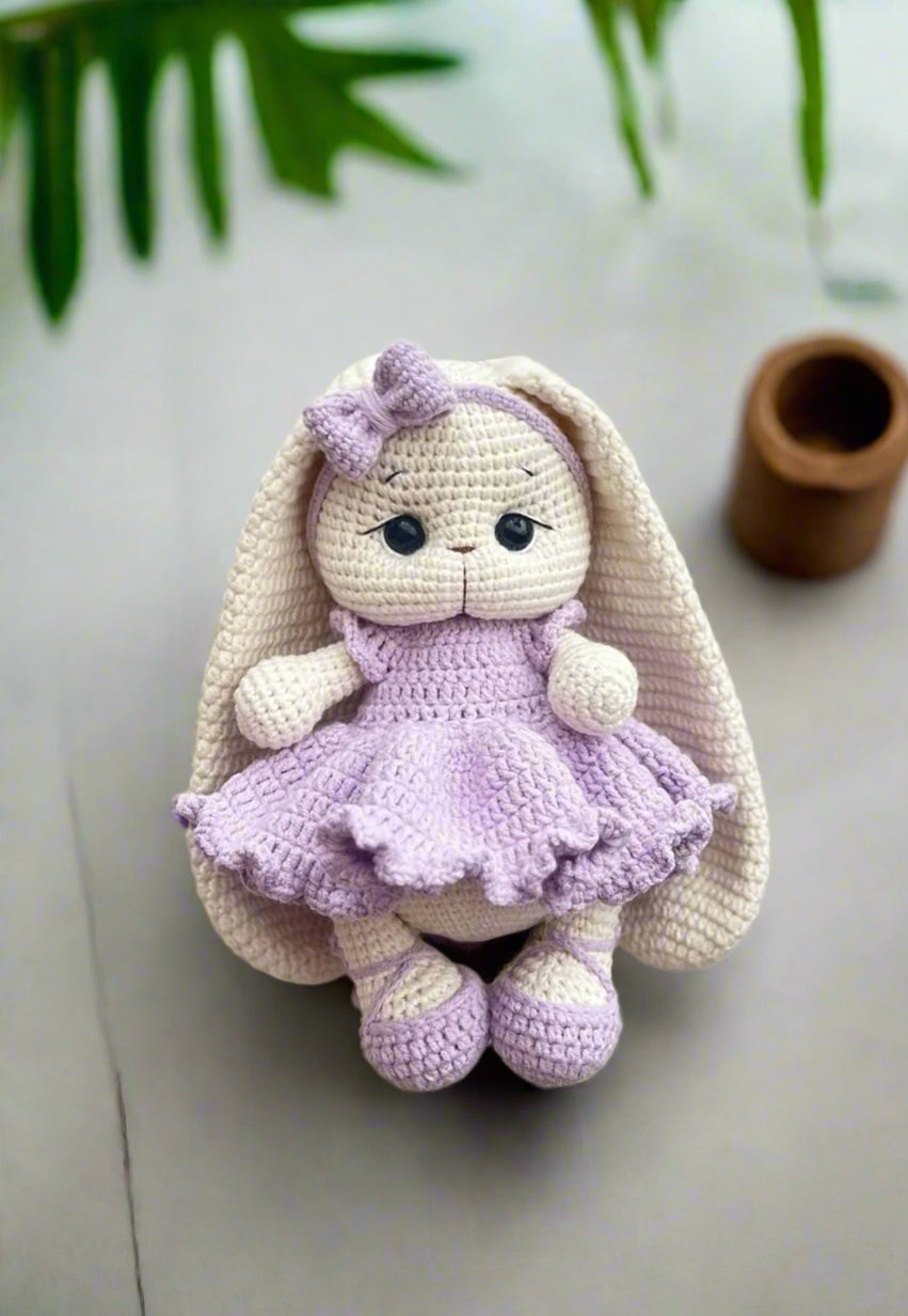 Crochet Cute Long Ear Bunny Toy with Fancy Purple Dress