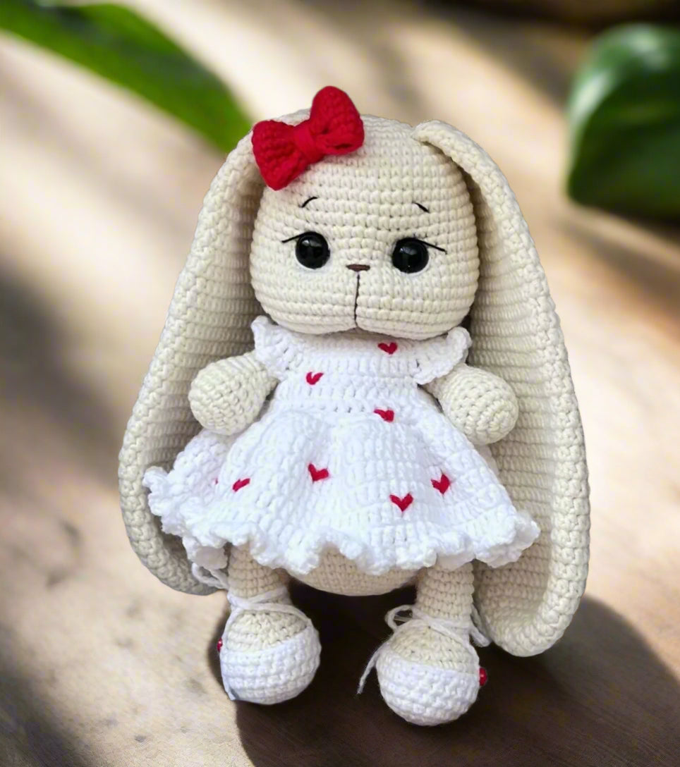 Crochet Cute Long Ear Bunny Toy with Fancy White Dress and Heart Details