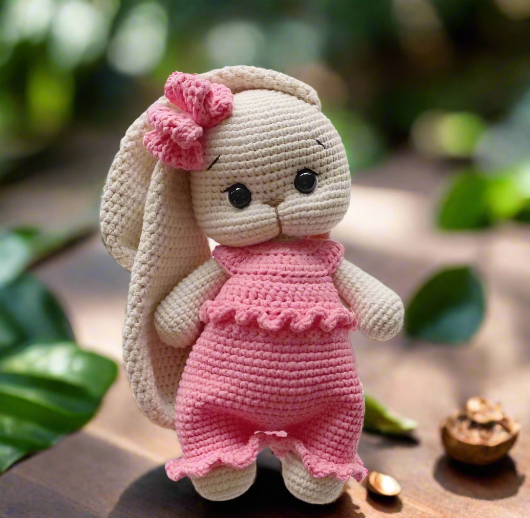 Crochet Cute Long Ear Bunny in Pink Jumpsuit