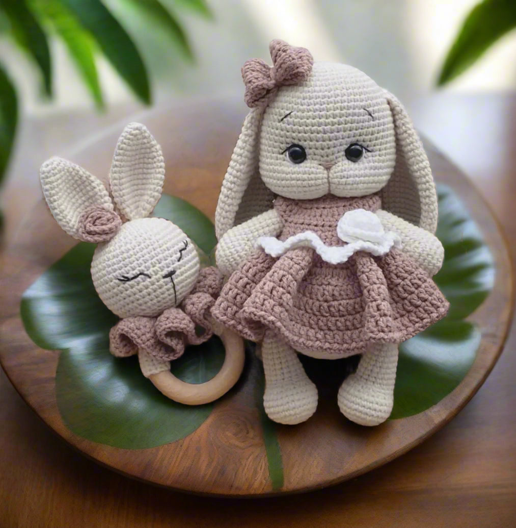 Crochet Cute Long ear Bunny Toy in Fancy Brown Dress and Rattle Toy Set 2pc