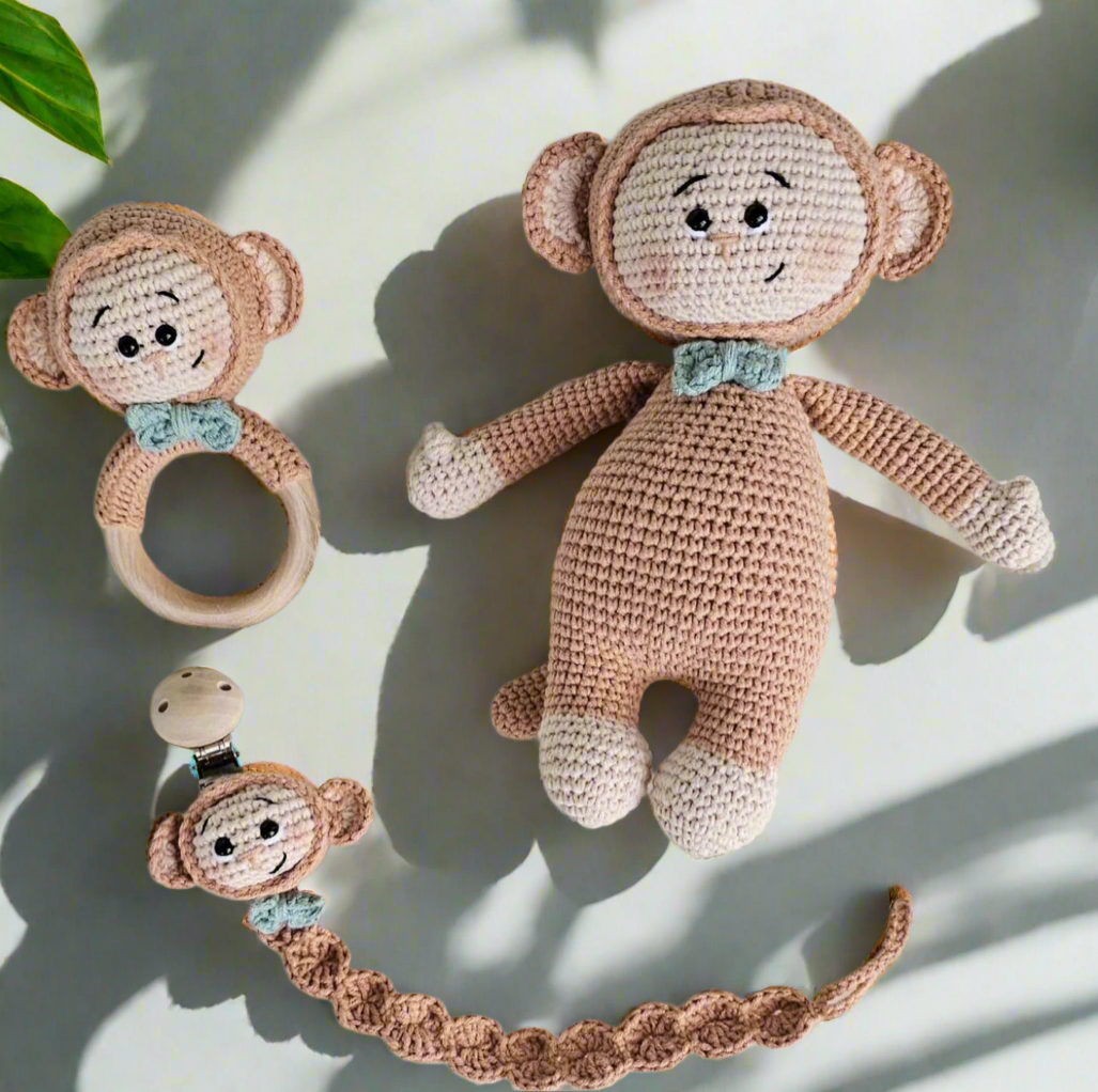 Crochet Cute Monkey Toy in White Jumpsuit and Rattle Toy Set 3pc