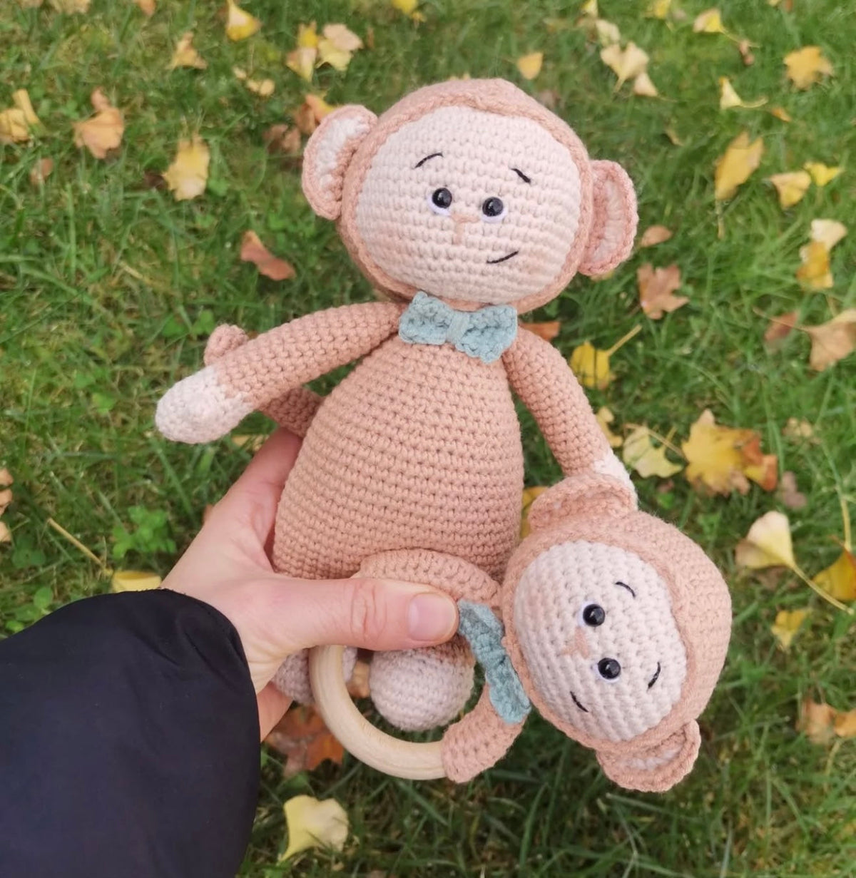 Crochet Cute Monkey Toy in White Jumpsuit and Rattle Toy Set 3pc