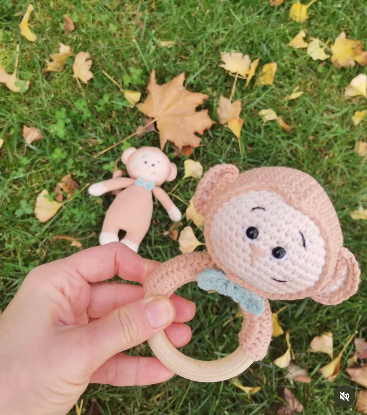 Crochet Cute Monkey Toy in White Jumpsuit and Rattle Toy Set 3pc