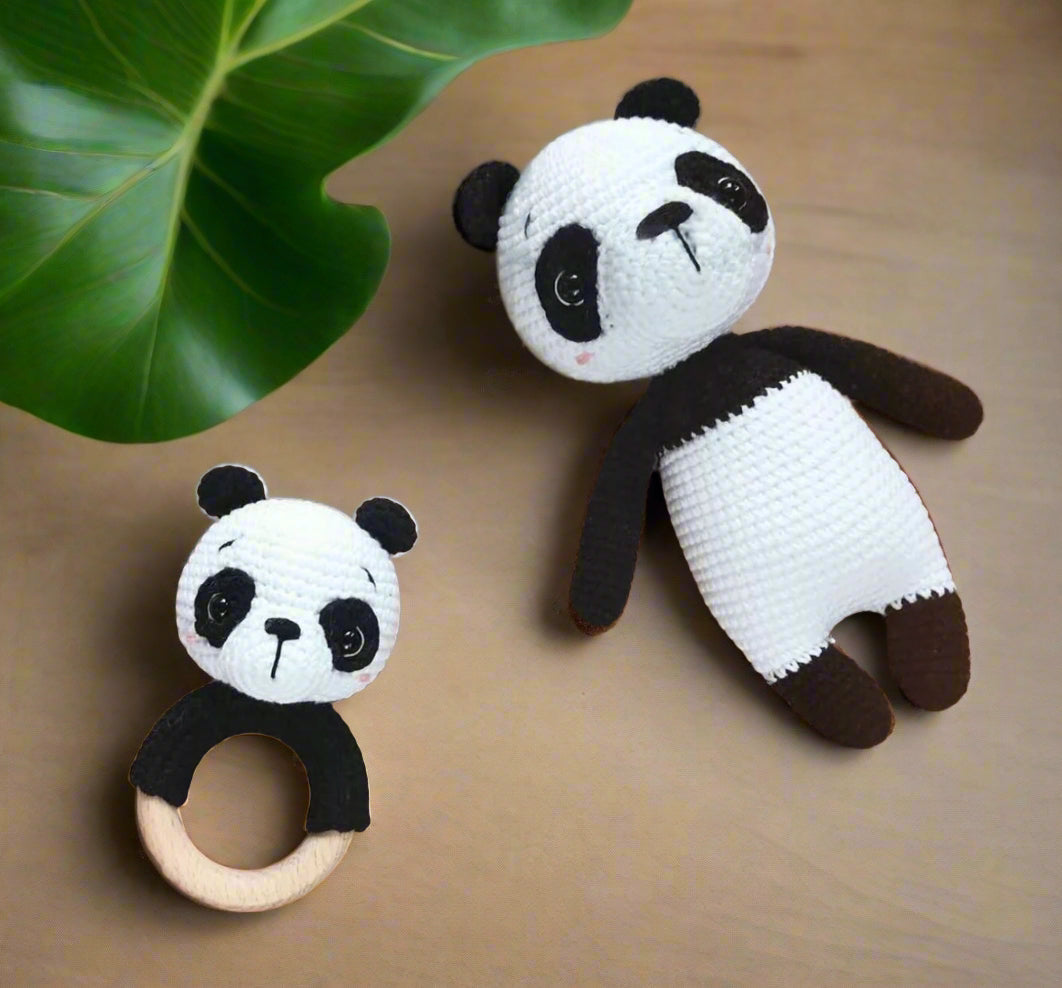 Crochet Cute Panda Toy and Rattle Toy Set 2pc