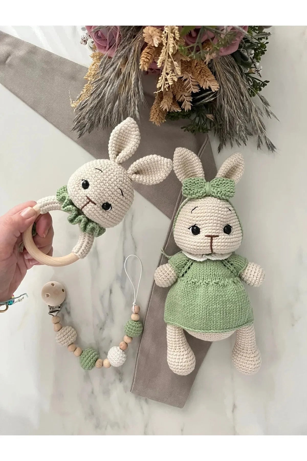Crochet Cute Bunny Toy Gift Set 3pc Pink/Green