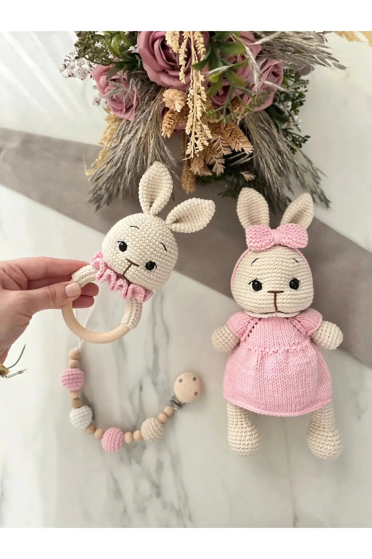 Crochet Cute Bunny Toy Gift Set 3pc Pink/Green