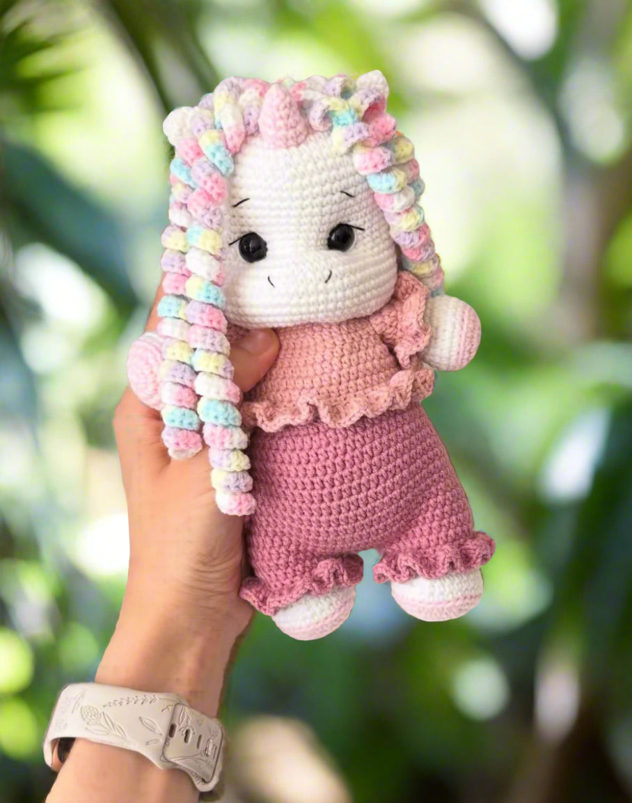 Crochet Cute Rainbow Hair Unicorn Girl Toy