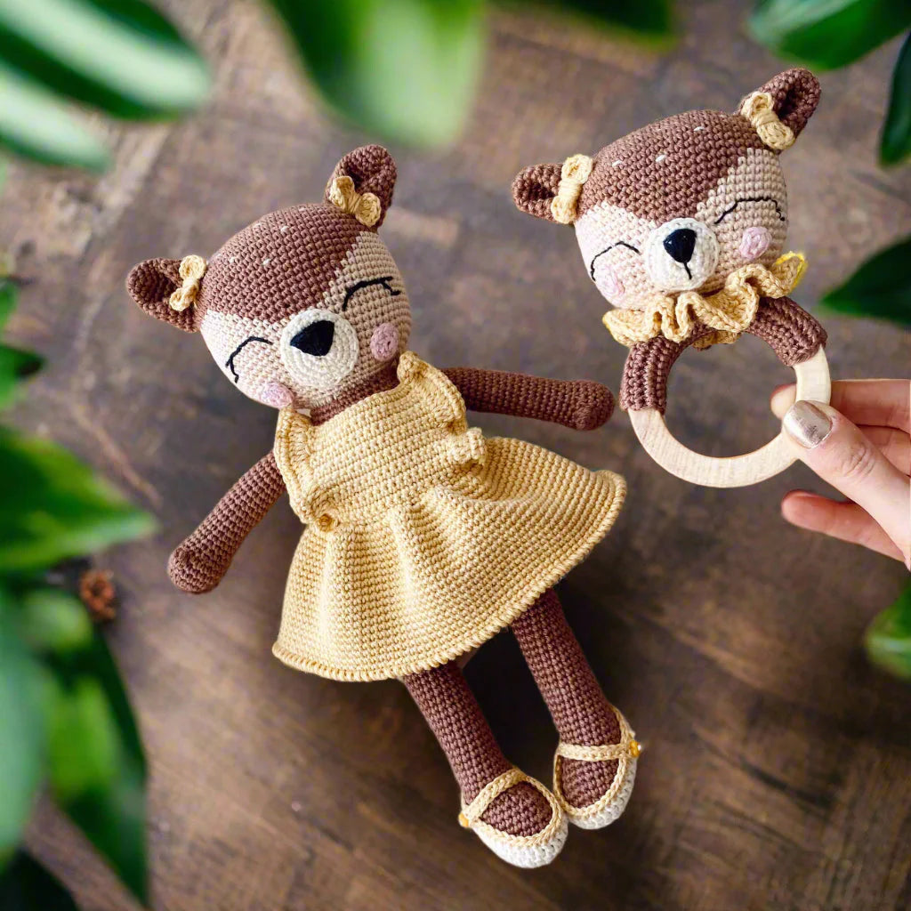Crochet Cute Reindeer Girl Toy and Rattle Toy Gift Set 2pc