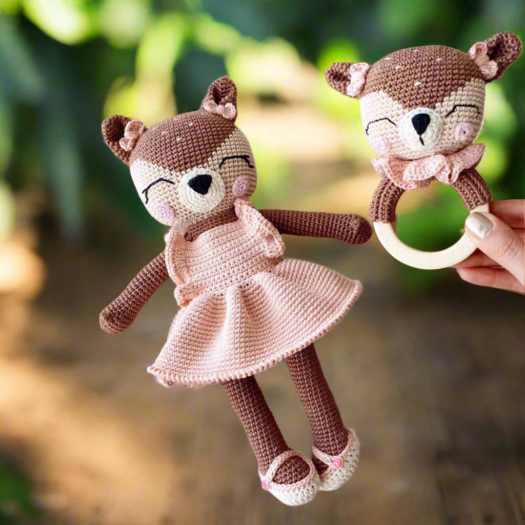 Crochet Cute Reindeer Girl Toy and Rattle Toy Gift Set 2pc