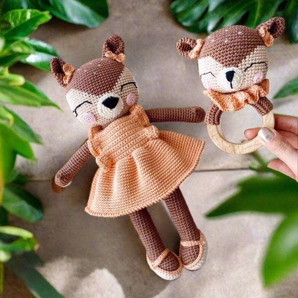 Crochet Cute Reindeer Girl Toy and Rattle Toy Gift Set 2pc