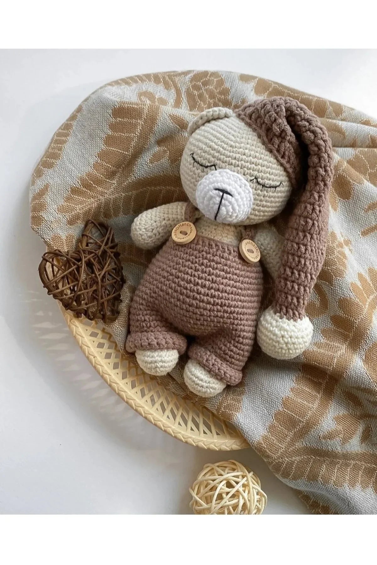 Crochet Cute Sleeping Bear Toy with Brown Jumpsuit