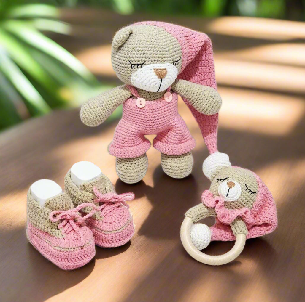 Crochet Cute Sleeping Teddy Bear Toy in Pink Jumper, Baby Booties and Rattle Toy Set 3pc