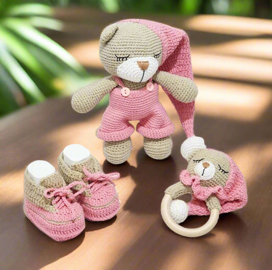 Crochet Cute Sleeping Teddy Bear Toy in Pink Jumper, Baby Booties and Rattle Toy Set 3pc