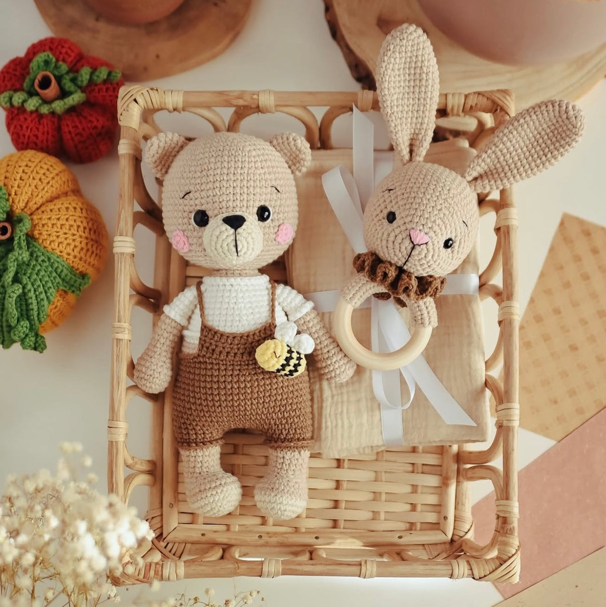 Crochet Cute Teddy Bear Toy and Bunny Rattle Toy Gift Set 2pc