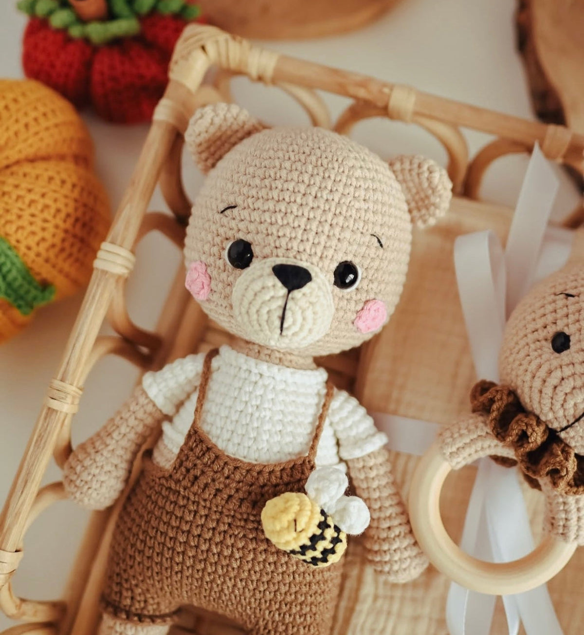 Crochet Cute Teddy Bear Toy and Bunny Rattle Toy Gift Set 2pc