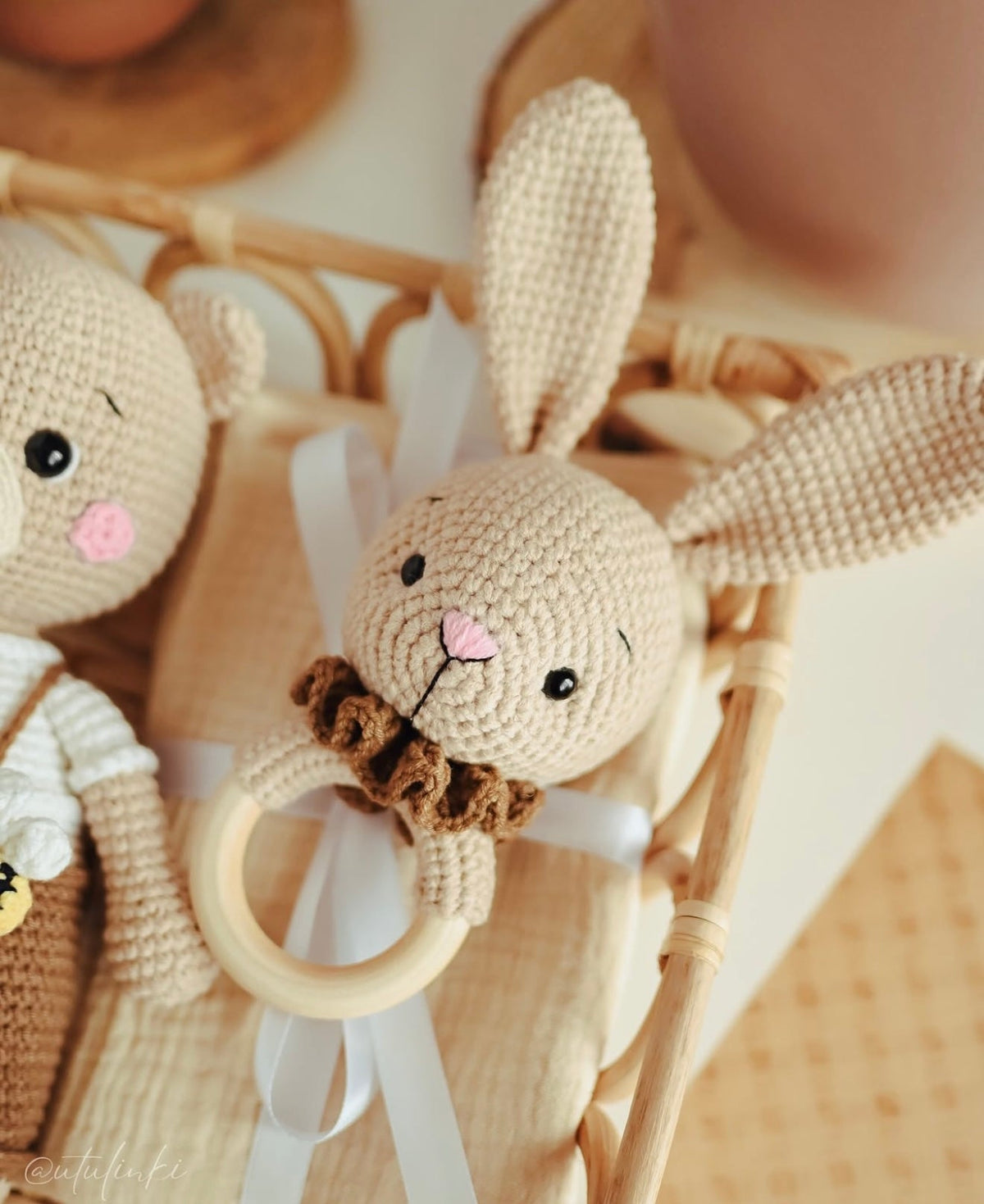 Crochet Cute Teddy Bear Toy and Bunny Rattle Toy Gift Set 2pc