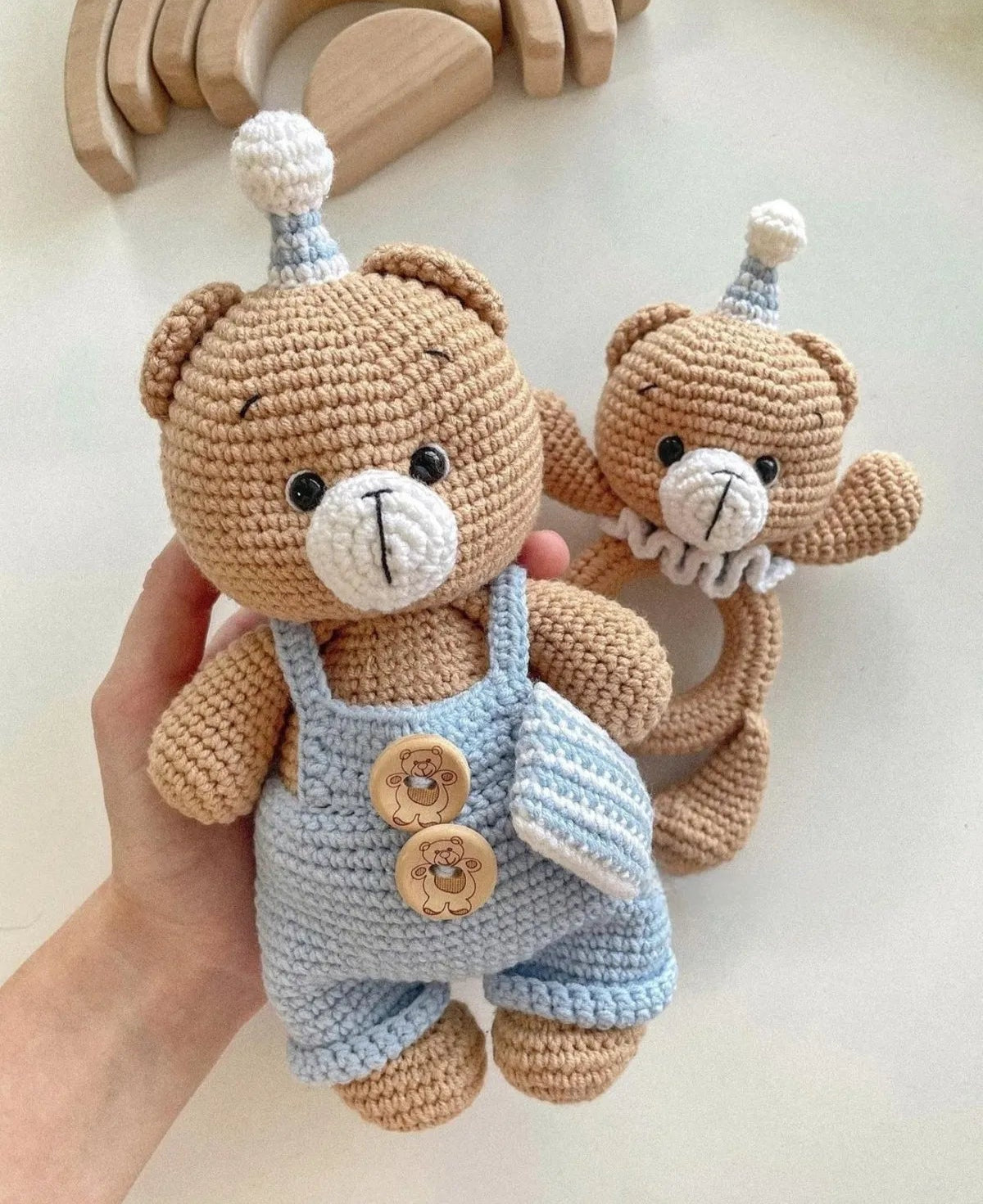 Crochet Cute Teddy Bear Toy and Rattle Toy Set 2pc