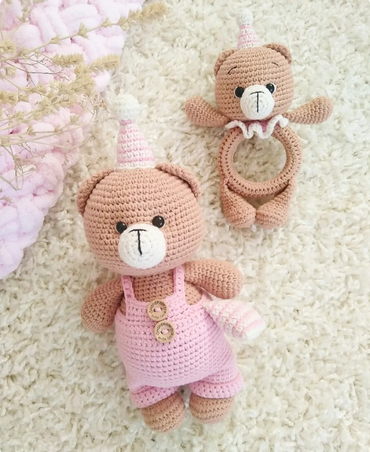 Crochet Cute Teddy Bear Toy and Rattle Toy Set 2pc