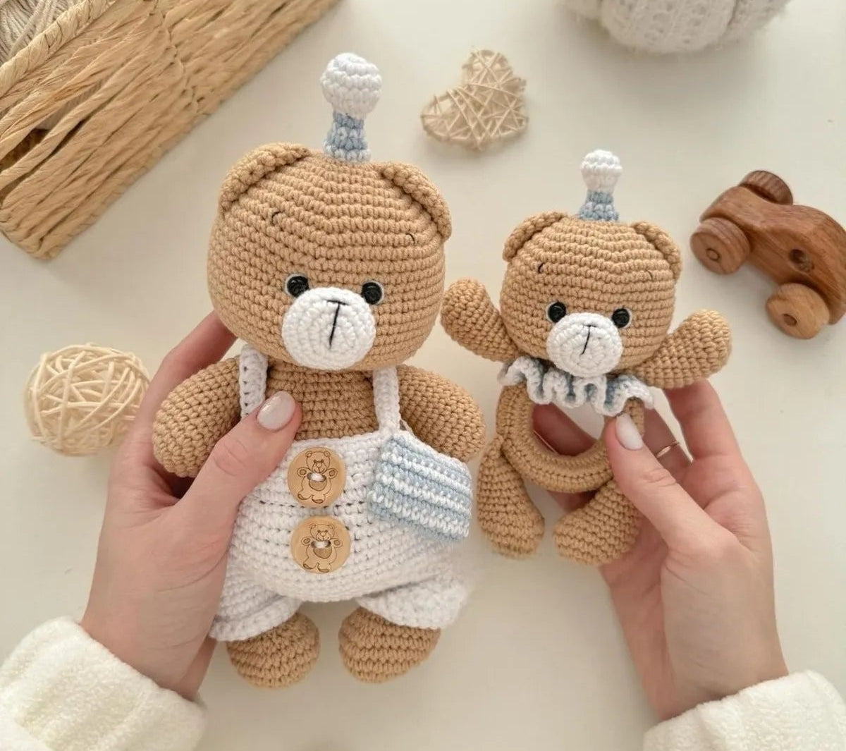 Crochet Cute Teddy Bear Toy and Rattle Toy Set 2pc