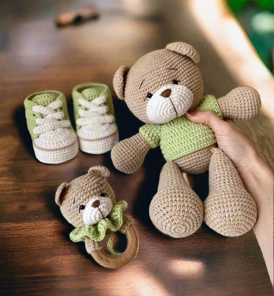 Crochet Cute Teddy Bear Toy in Green Jumper, Baby Booties and Rattle Toy Set 3pc