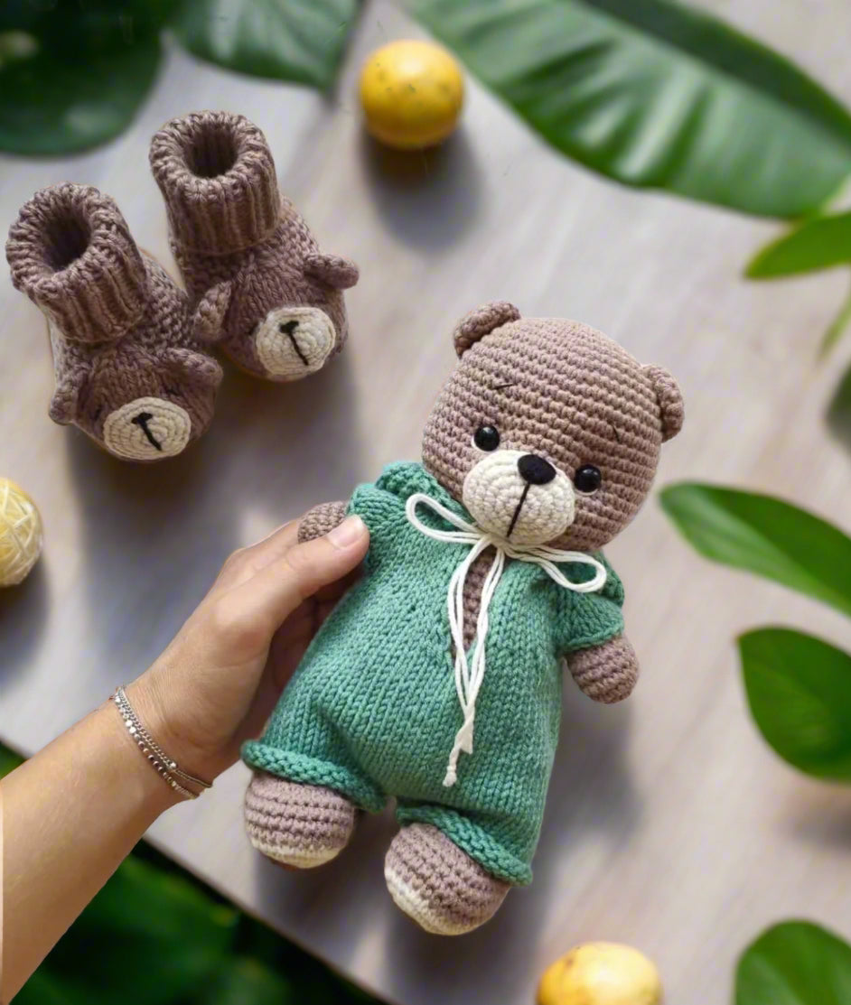 Crochet Cute Teddy Bear Toy in Green Jumpsuit and Baby Booties Set 2pc
