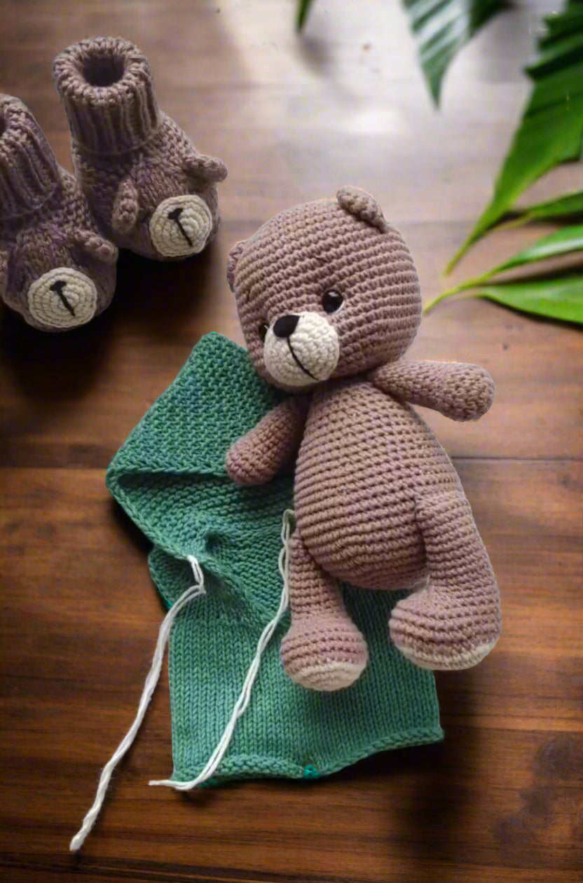 Crochet Cute Teddy Bear Toy in Green Jumpsuit and Baby Booties Set 2pc