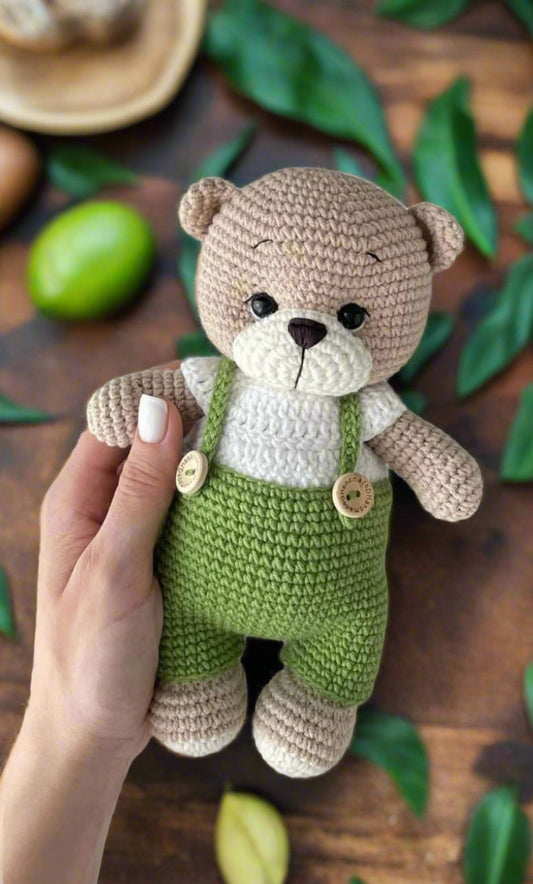 Crochet Cute Teddy Bear Toy with Green Jumpsuit