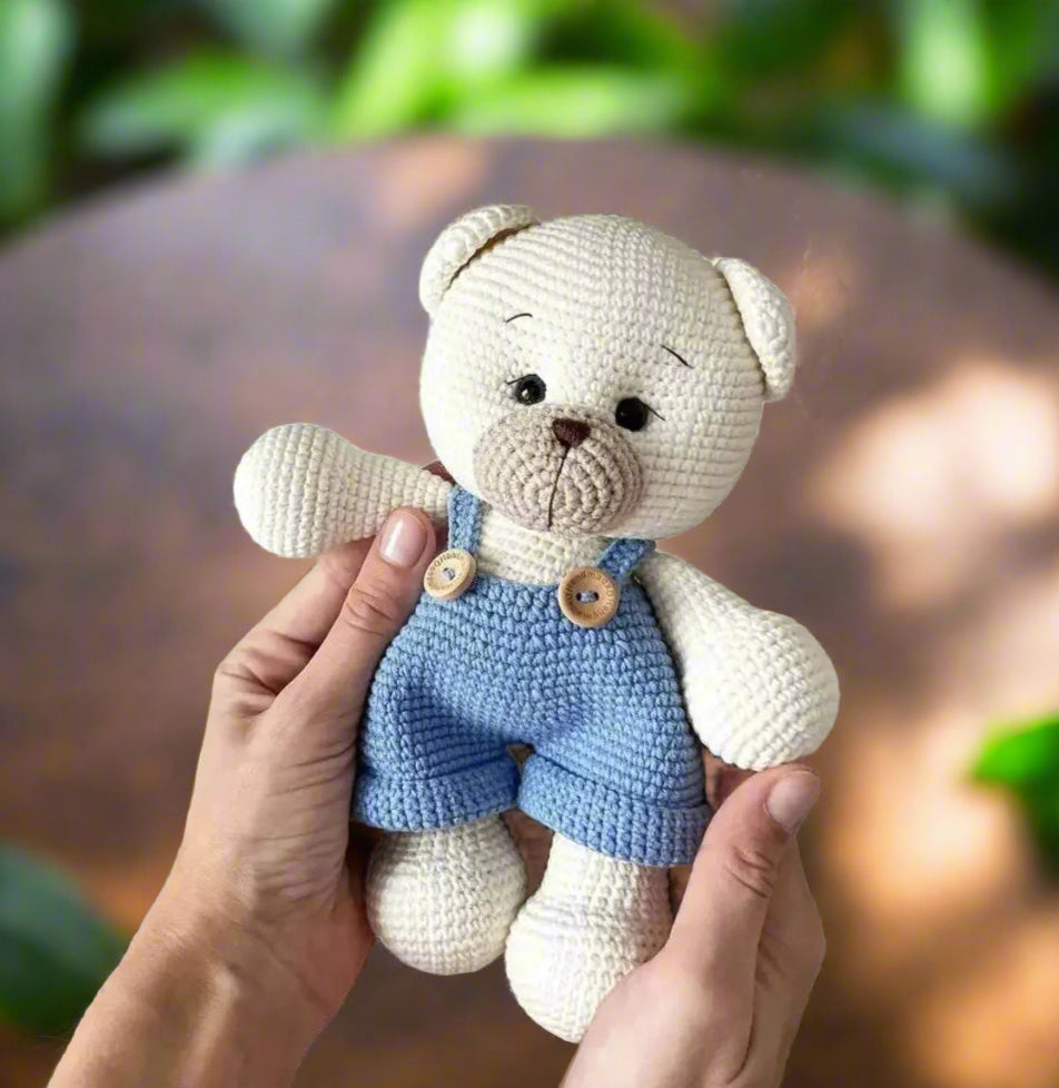 Crochet Cute Teddy Bear in Blue Jumpsuit