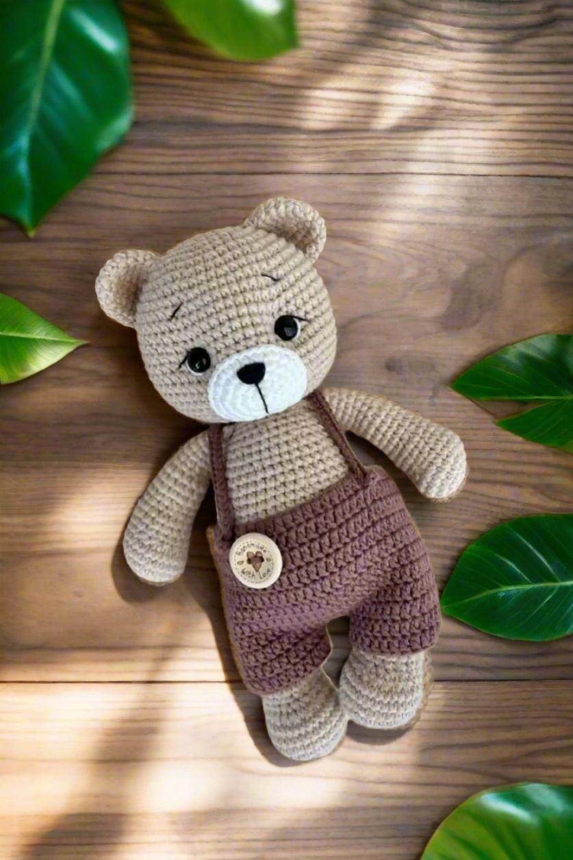 Crochet Cute Teddy Bear with Blue/Brown Jumpsuit