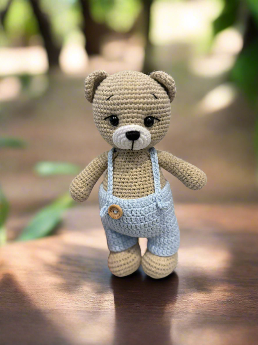 Crochet Cute Teddy Bear with Blue/Brown Jumpsuit