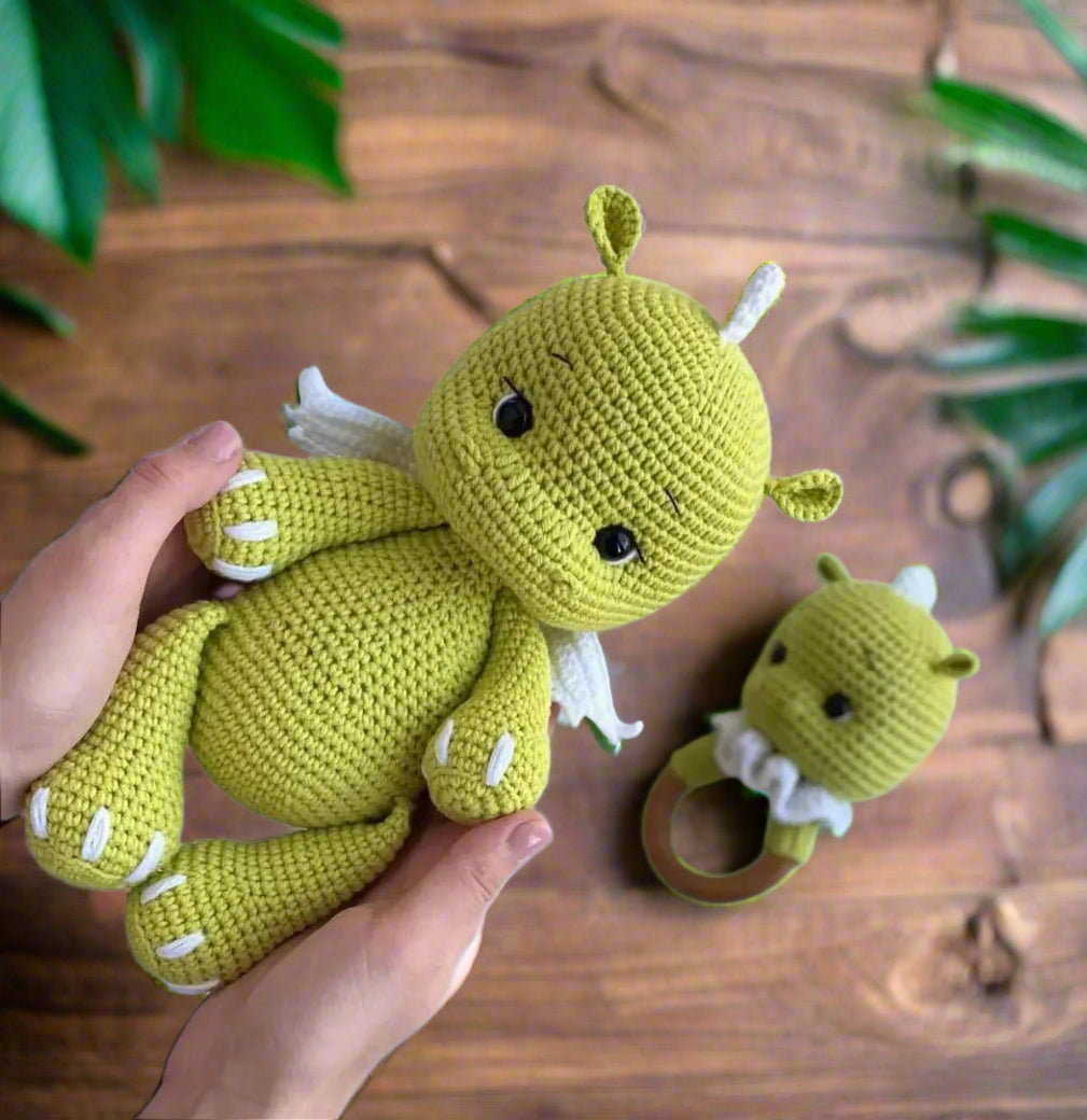 Crochet Green Cute Dino Toy and Rattle Toy Set 2pc