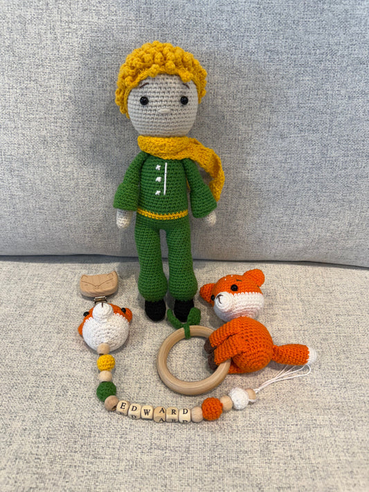 Handmade Crochet Little Prince Toy Gift Set (3pc) - Personalised Dummy Clip