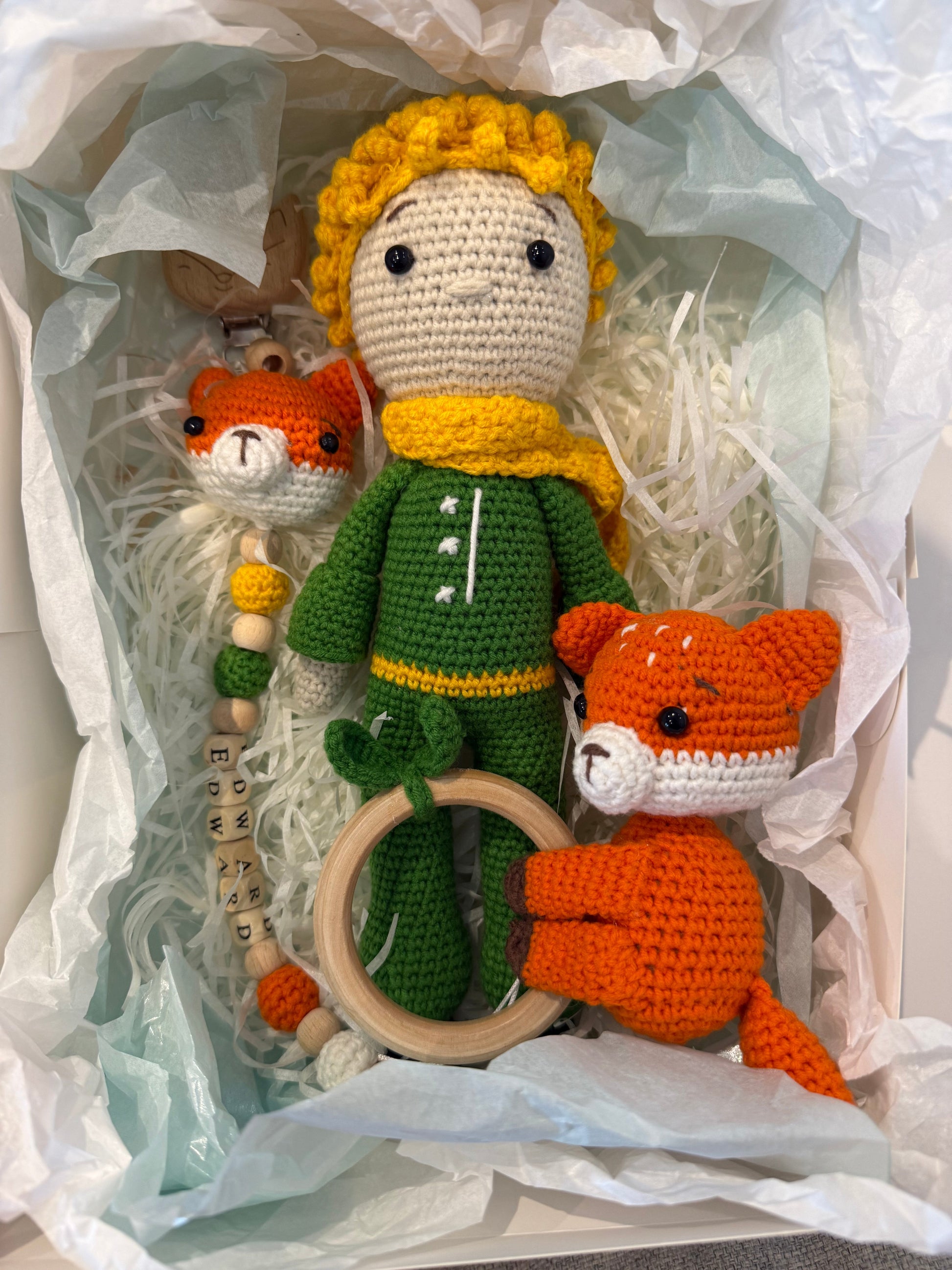 Handmade Crochet Little Prince Toy Gift Set (3pc) - Personalised Dummy Clip