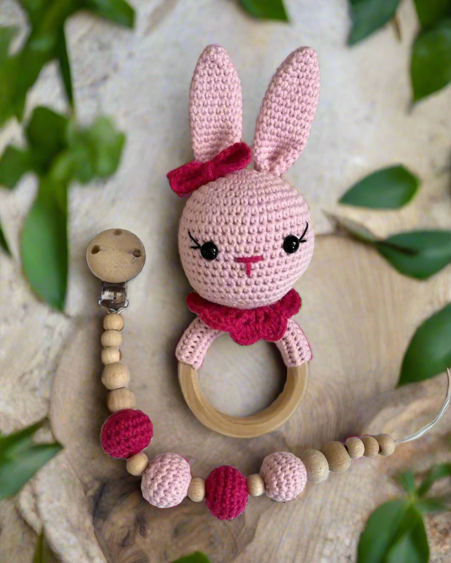 Crochet Pink Bunny Rattle Toy and Dummy Clip 2pc