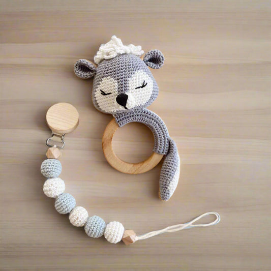 Crochet Raccoon Rattle Toy and Dummy Clip 2pc