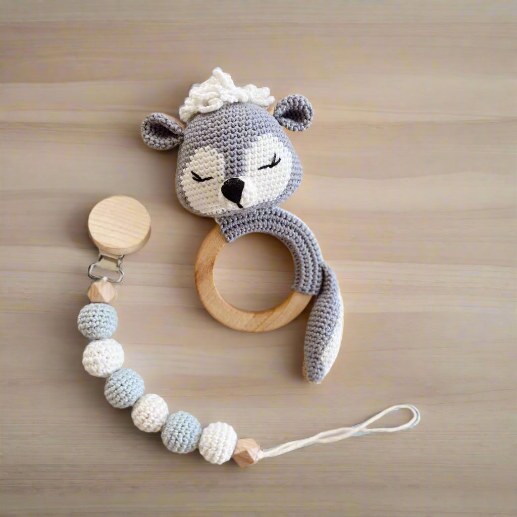 Crochet Raccoon Rattle Toy and Dummy Clip 2pc
