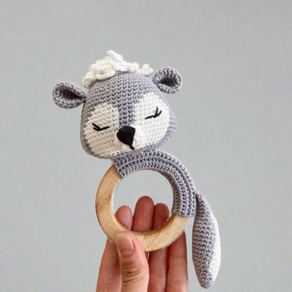 Crochet Raccoon Rattle Toy and Dummy Clip 2pc